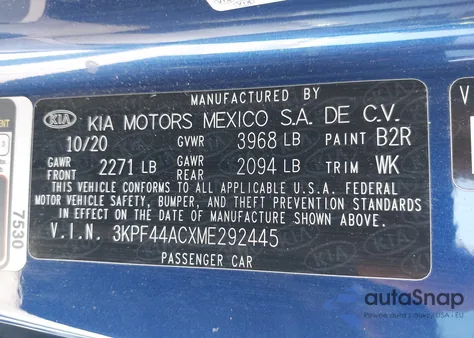 2021 Kia Forte Gt z USA, uszkodzony, nr VIN 3KPF44ACXME292445